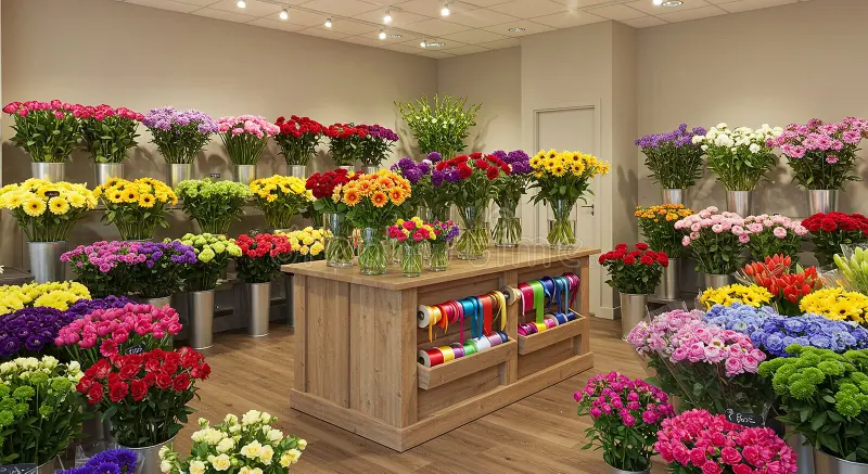 Interior of Petals & Pines flower shop with colorful bouquets and friendly florist arranging flowers